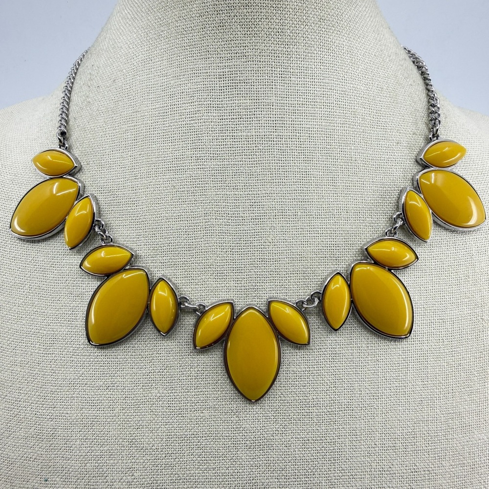 Charming Charlie Yellow Statement Bib Necklace Marquise Cabochon Silver Tone